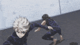 a couple of anime characters one of which has the letter x on their pants
