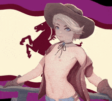 a shirtless cowboy stands in front of a horse on a purple background