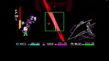 a group of people standing next to each other in a video game with a red light coming out of the screen .