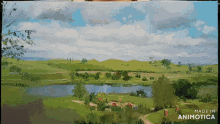 a painting of a lake and hills is made in animatica