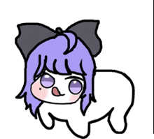 a drawing of a girl with purple hair and a bow