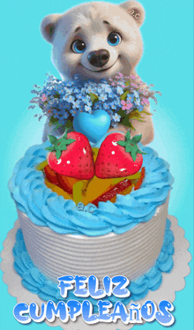 a teddy bear is holding flowers and strawberries on top of a birthday cake