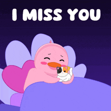 a cartoon of a pink duck hugging a cat with the words " i miss you " below it