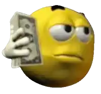 a yellow smiley face is holding a dollar bill in front of it 's face .