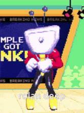 a cartoon character is standing in front of a sign that says ' breaking news ' on it