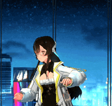 a girl wearing headphones stands in front of a city skyline at night