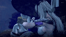 a screenshot of a video game shows a woman with white hair