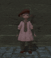 a little girl in a pink dress and brown hat is standing in front of a stone wall