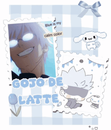a postcard with a picture of a character and the words gojo de latte on it