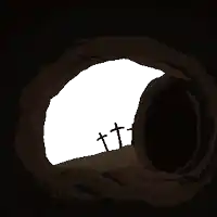 a pixel art drawing of a tomb with three crosses on a hill