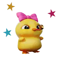 a yellow cartoon chicken with a pink bow on its head blowing a party horn