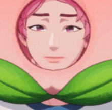 a close up of a cartoon character 's face with a pink hair and a green bra .