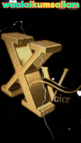 a gold letter x is surrounded by lightning and the words waalaikumsalam above it