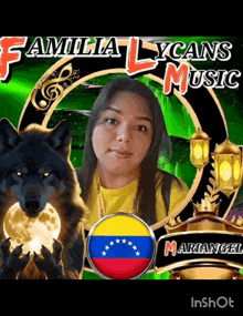 a picture of a woman with a wolf and the words familia lycans music on the bottom