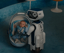 a robot is standing next to a baby in a stroller with the name kepler on the bottom