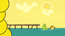 a cartoon of a turtle swimming in the ocean with a dock in the background