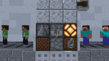 a group of minecraft characters are standing in front of a display