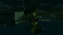 a robot with a sword is standing in a parking lot