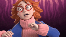 a cartoon girl wearing glasses and a pink scarf