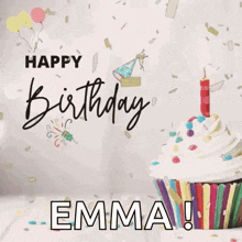 a happy birthday emma greeting card with a cupcake and confetti .