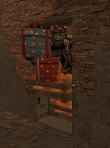 a brick wall with a wooden crate filled with pumpkins and gifts