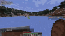 a screenshot of a video game called minecraft shows a creeper and a man fishing .