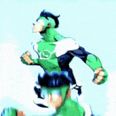 a cartoon of a green superhero running with a blue sky in the background