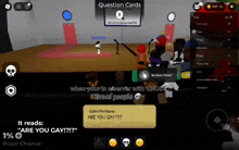 a screenshot of a video game with a question card