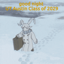 a cartoon of a girl walking through the snow with the words good night ut austin class of 2029