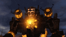 a statue of a robot with a glowing face