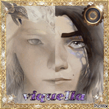 a picture of two faces with the name vigueella on the bottom