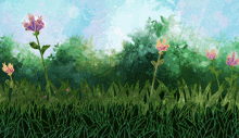 a painting of flowers in a field with a blue sky in the background