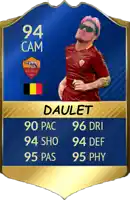 a soccer card with the name daulet on the bottom
