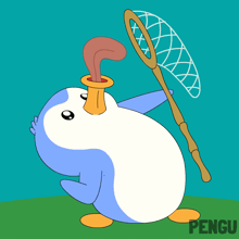 a penguin is holding a fishing net in its mouth