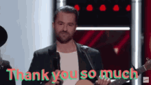 a man playing a guitar with the words thank you so much on the bottom