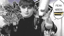 a black and white photo of a man holding a butterfly with a speech bubble that says pea needs