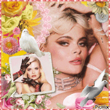 a picture of a woman surrounded by flowers and birds has the word picmix at the bottom