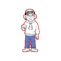 a cartoon of a monkey wearing a white hoodie and blue pants