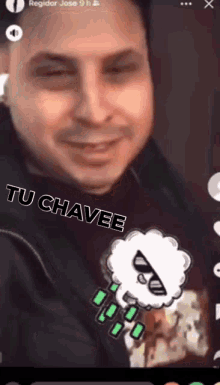 a man is smiling with the words tu chavee written on the bottom