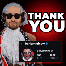 a man in a wig and sunglasses stands in front of a thank you sign