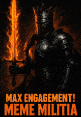 a knight with a crown on his head is holding a sword in front of flames