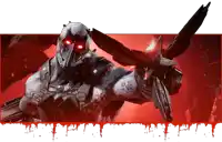 a robot with red eyes is holding a gun and has the number 26 on his arm
