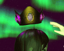 a cartoon character is wearing a crown with a purple stone in the center