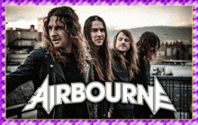 a group of men are standing in front of a sign that says " airbourne "