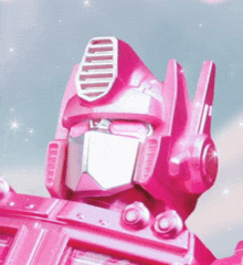 a close up of a pink robot with a hood on