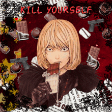 a picture of a girl eating a bar of chocolate with the words kill yourself written on the bottom