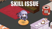 a little girl is sitting on a donut with the words skill issue above her