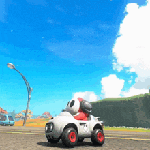 a cartoon character is driving a car with the number 10 on the front