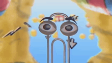 a close up of a cartoon character wearing headphones and a keyboard .