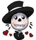 a skeleton wearing a top hat and surrounded by red hearts
